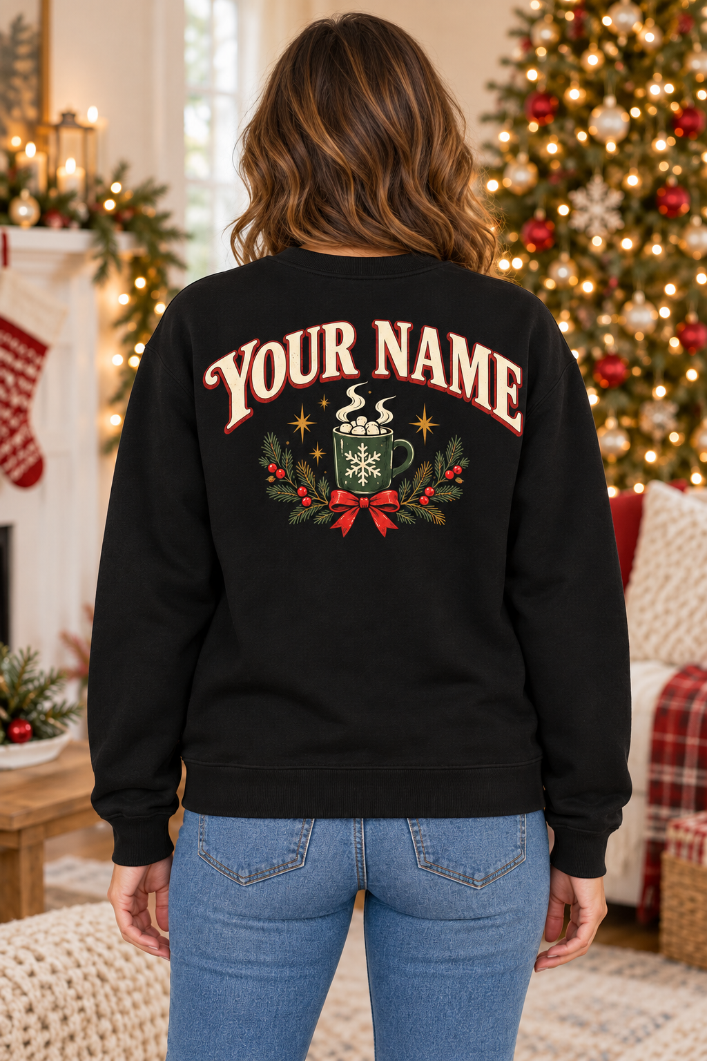 Personalized Santa Hot Cocoa Sweatshirt – ’Tis the Season Christmas Sweater with Custom Name