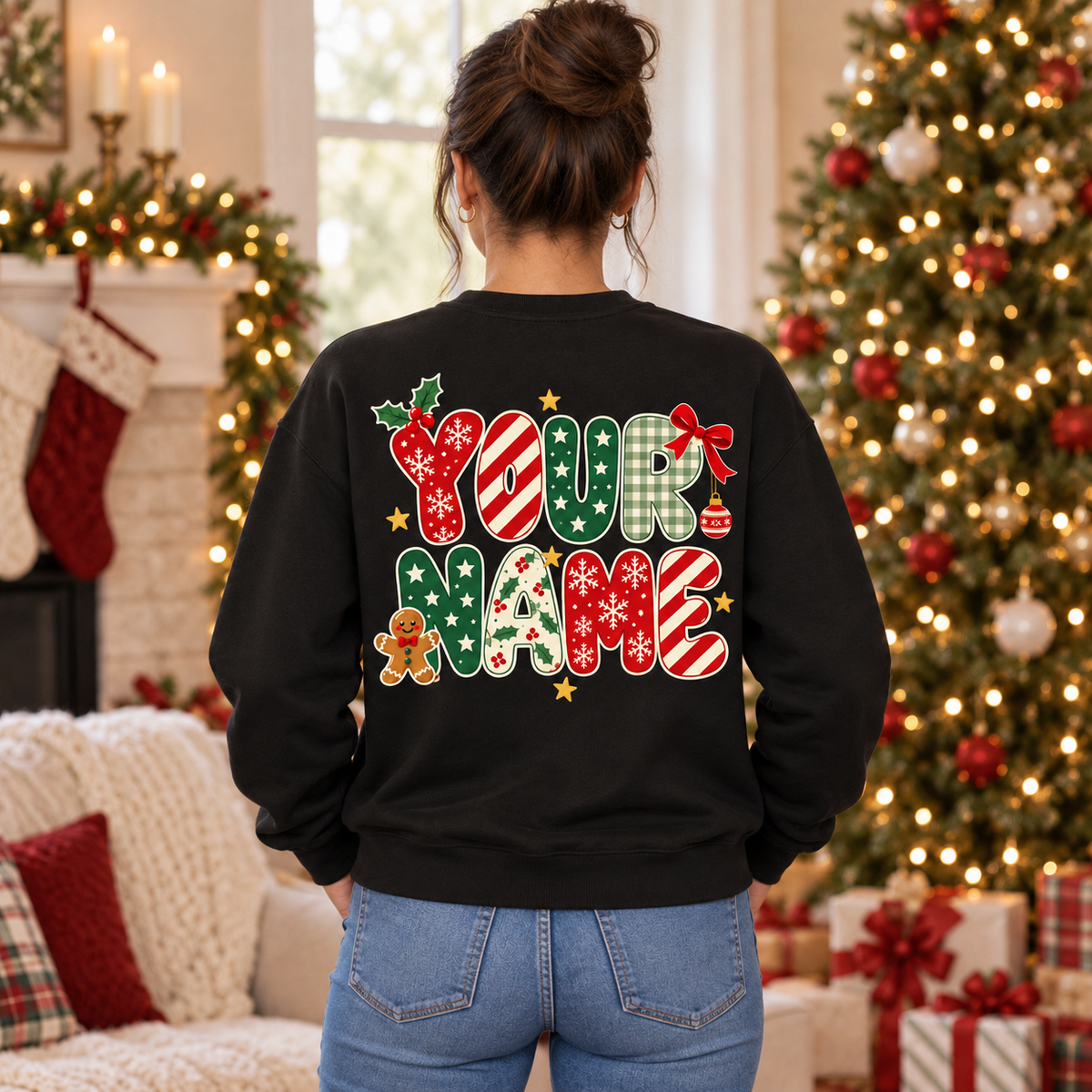 Personalized Christmas Name Sweatshirt, Gingerbread & Holiday Lettering, Custom Christmas Gift for Her