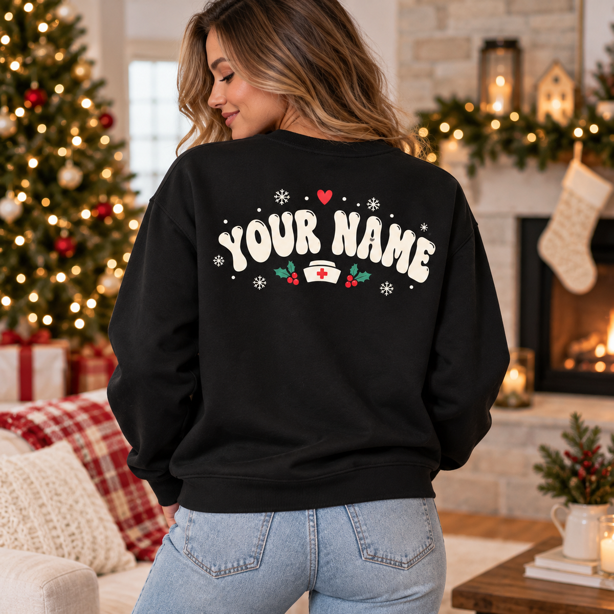 Personalized Christmas Nurse Sweatshirt, Sweet Care Makes Everything Better