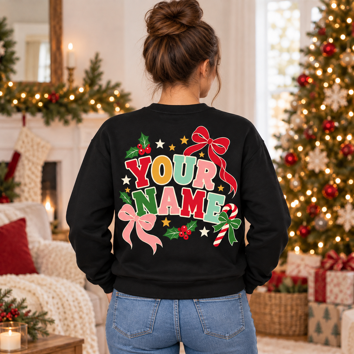 Personalized Merry Christmas Bow Sweatshirt, Custom Name Holiday Pullover, Christmas Gift for Her