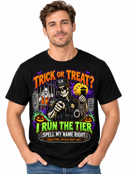 Custom "I Run The Tier" Halloween Correctional Officer T-Shirt — Personalized Front & Back Graphic Tee