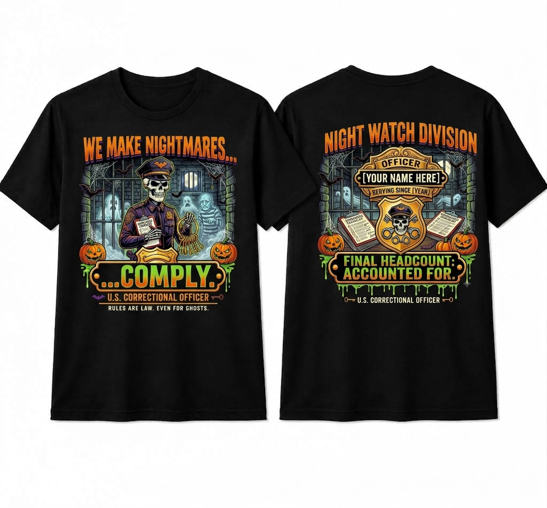 Custom "Night Watch Division" Halloween Correctional Officer T-Shirt — Personalized Front & Back Graphic Tee