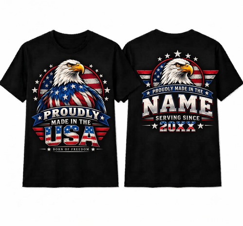 Personalized "Proudly Made in the USA" Patriotic Bald Eagle T-Shirt — Custom Name & Serving Year (Front & Back)