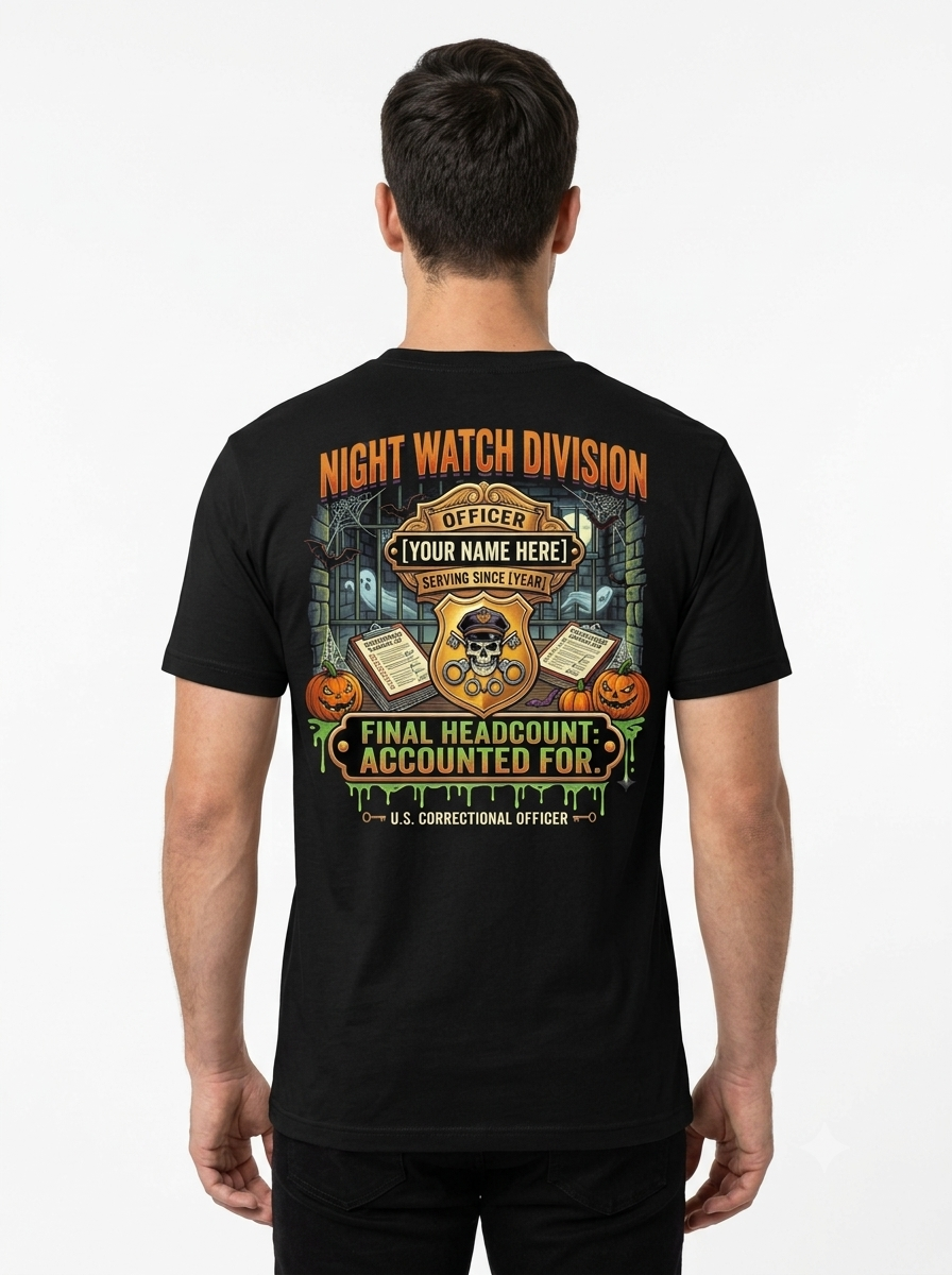 Custom "Night Watch Division" Halloween Correctional Officer T-Shirt — Personalized Front & Back Graphic Tee