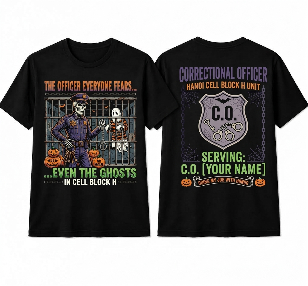 Custom "Cell Block H Unit" Halloween Correctional Officer T-Shirt — Personalized Front & Back Graphic Tee