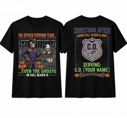 Custom "Cell Block H Unit" Halloween Correctional Officer T-Shirt — Personalized Front & Back Graphic Tee