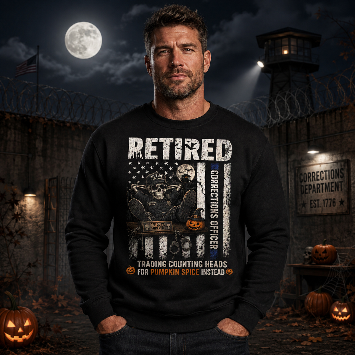 Personalized Retired Correctional Officer American Flag Halloween Sweatshirt