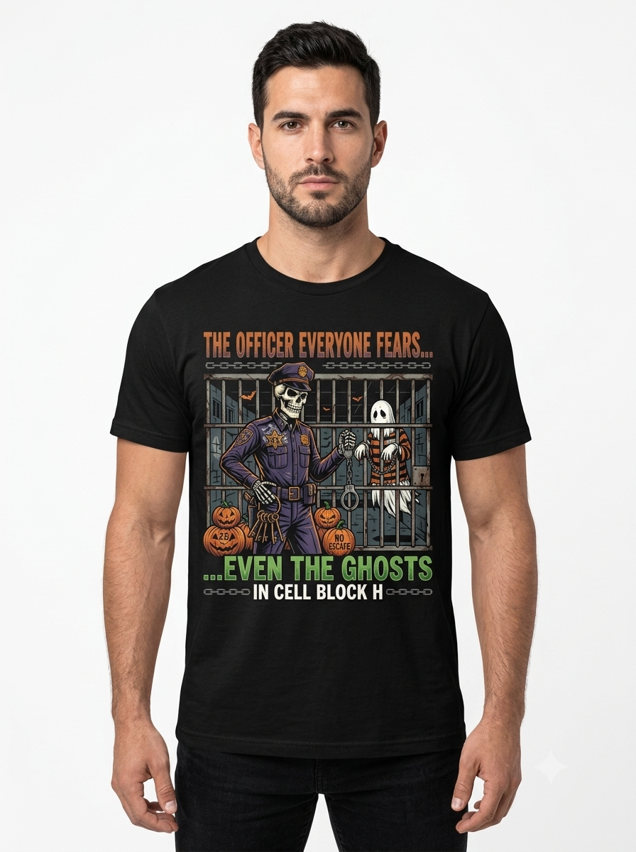 Custom "Cell Block H Unit" Halloween Correctional Officer T-Shirt — Personalized Front & Back Graphic Tee