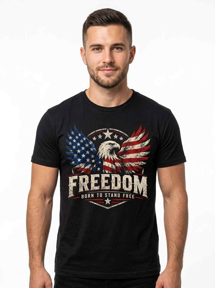 Personalized "Freedom - Born To Stand Free" Patriotic Bald Eagle T-Shirt — American Flag & Custom Name (Front & Back)