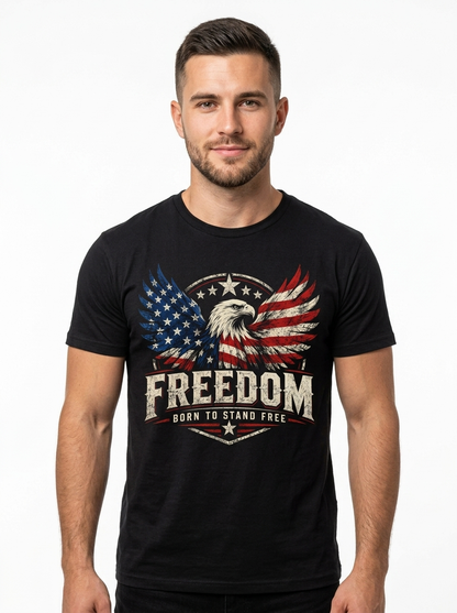 Personalized "Freedom - Born To Stand Free" Patriotic Bald Eagle T-Shirt — American Flag & Custom Name (Front & Back)