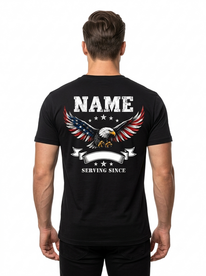 Personalized "Freedom - Born To Stand Free" Patriotic Bald Eagle T-Shirt — American Flag & Custom Name (Front & Back)