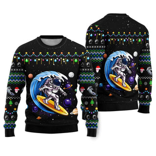 Astronauts Surf On A Surfboard In Space Ugly Christmas Sweater For Men & Women Christmas Gift Sweater US2222