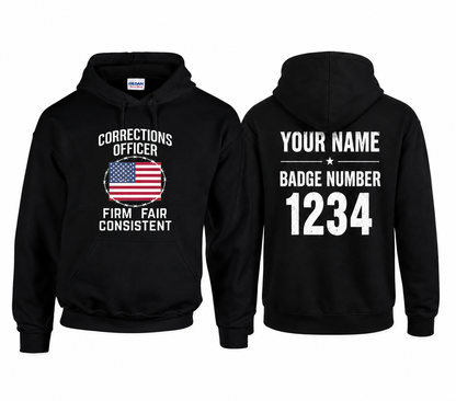 Custom Name Corrections Officer Hoodie, Firm Fair Consistent American Flag Prison Guard Hooded