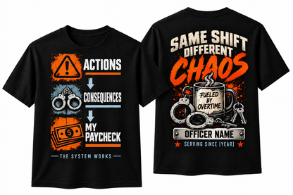 Custom Correctional Officer Shirt – "The System Works" Actions Consequences Front & Back Graphic Tee, Personalized Jailer Deputy Shirt