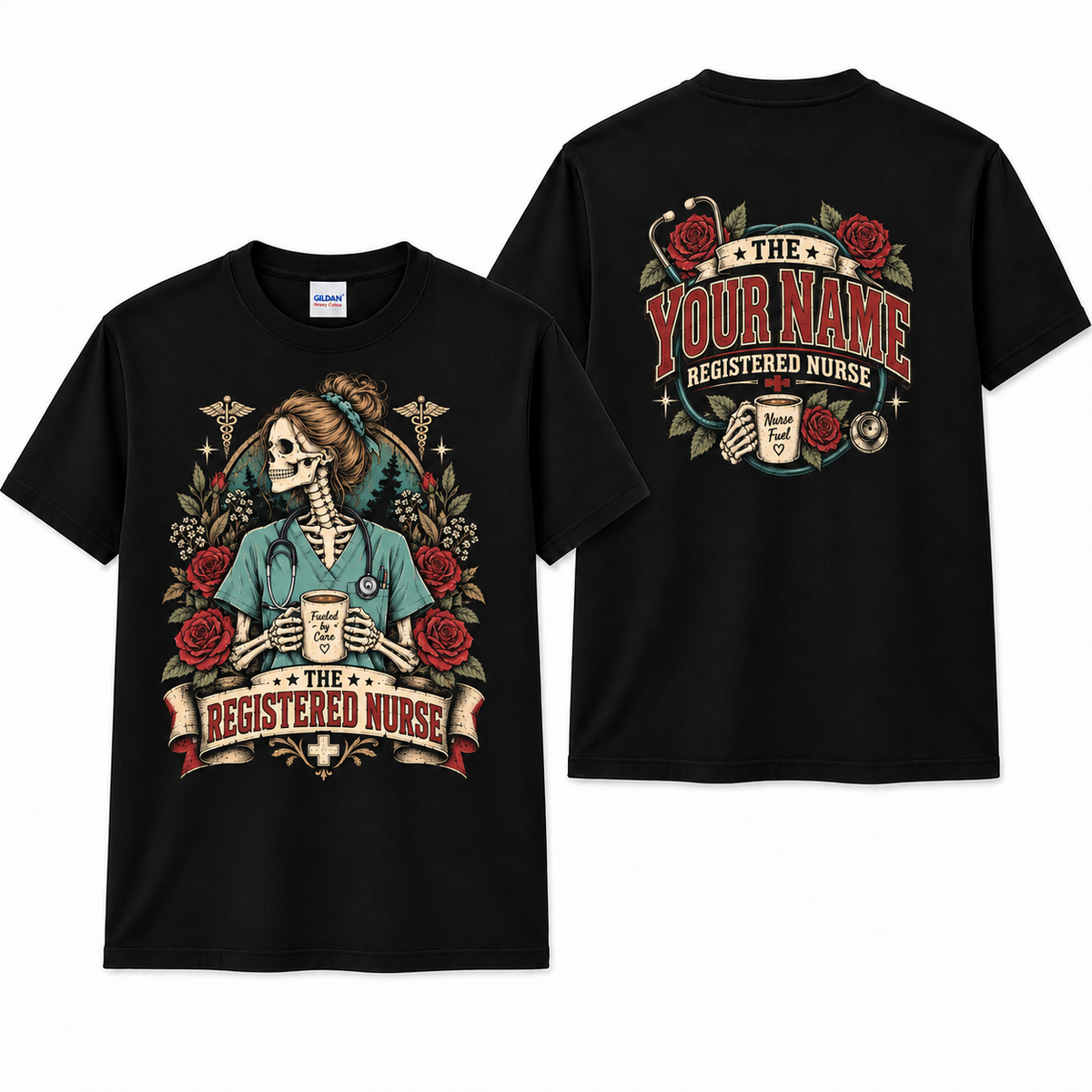 Registered Nurse Skeleton Coffee Rose Custom Name Medical Gift Unisex T-Shirt