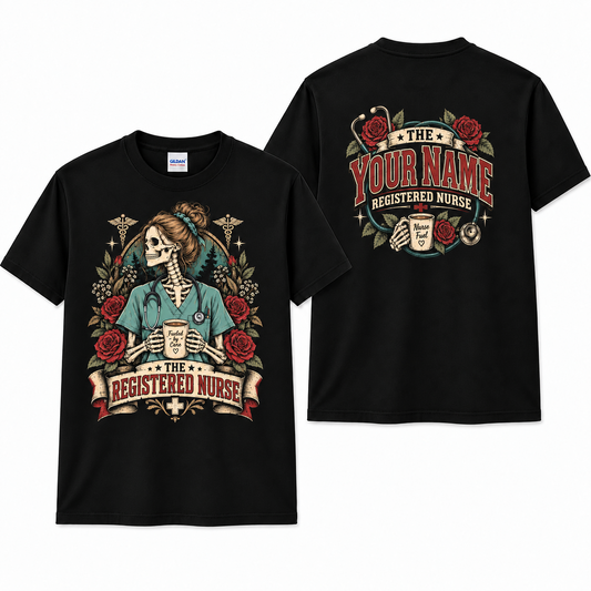 Registered Nurse Skeleton Coffee Rose Custom Name Medical Gift Unisex T-Shirt