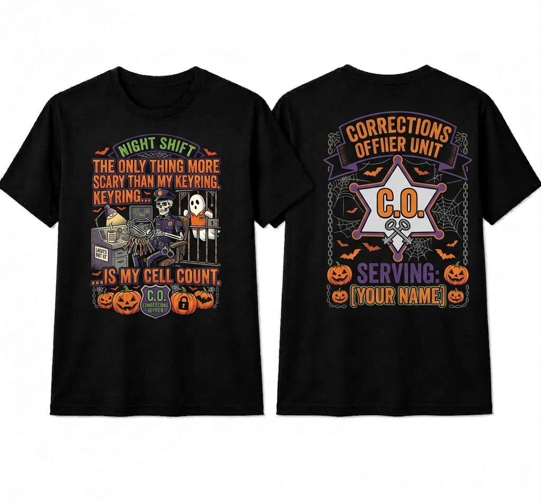 Custom "Cell Count" Halloween Correctional Officer T-Shirt — Personalized Front & Back Graphic Tee