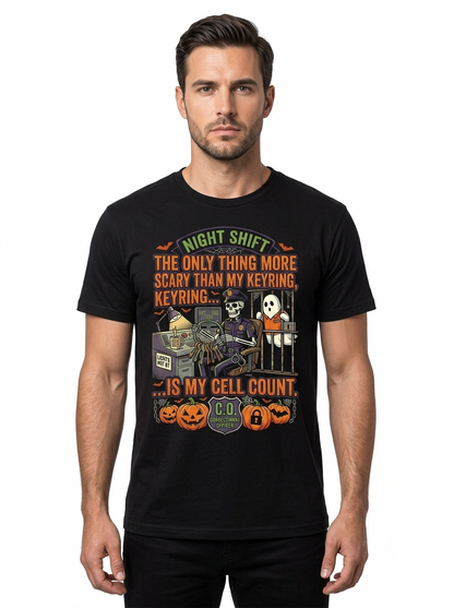 Custom "Cell Count" Halloween Correctional Officer T-Shirt — Personalized Front & Back Graphic Tee