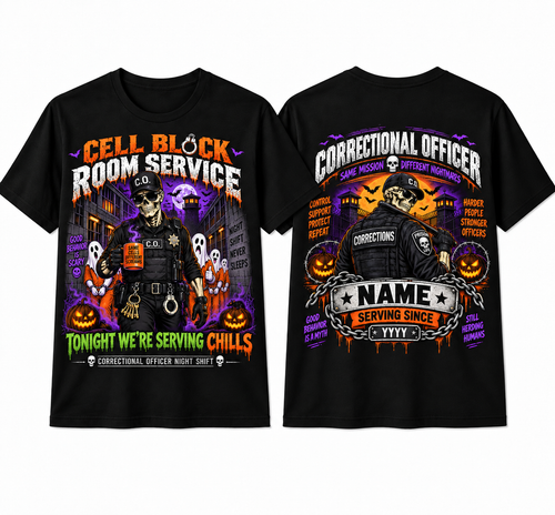 Cell Block Room Service" Halloween Correctional Officer T-Shirt — Personalized Front & Back Graphic Tee