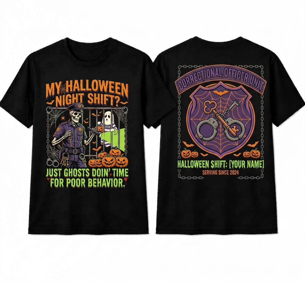 Custom "Ghosts Doin' Time" Halloween Correctional Officer T-Shirt — Personalized Front & Back Graphic Tee