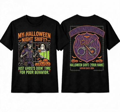 Custom "Ghosts Doin' Time" Halloween Correctional Officer T-Shirt — Personalized Front & Back Graphic Tee