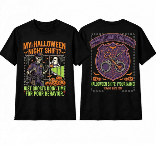 Custom "Ghosts Doin' Time" Halloween Correctional Officer T-Shirt — Personalized Front & Back Graphic Tee