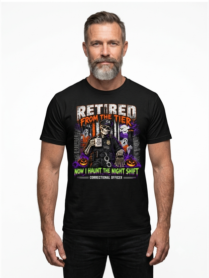 Retired From The Tier" Halloween Correctional Officer T-Shirt — Personalized Front & Back Graphic Tee