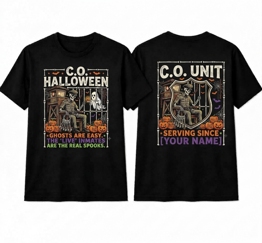 Custom "The Real Spooks" Halloween Correctional Officer T-Shirt — Personalized Front & Back Graphic Tee