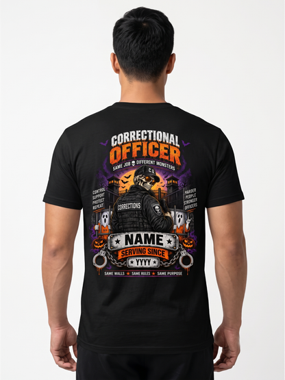 Custom "Discipline Your Goblins" Halloween Correctional Officer T-Shirt — Personalized Front & Back Graphic Tee