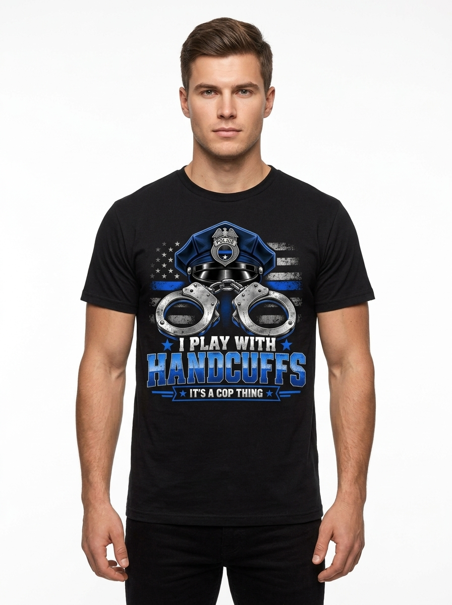 Personalized "I Play With Handcuffs - It's A Cop Thing" Police T-Shirt — Thin Blue Line Custom Name & Year (Front & Back)