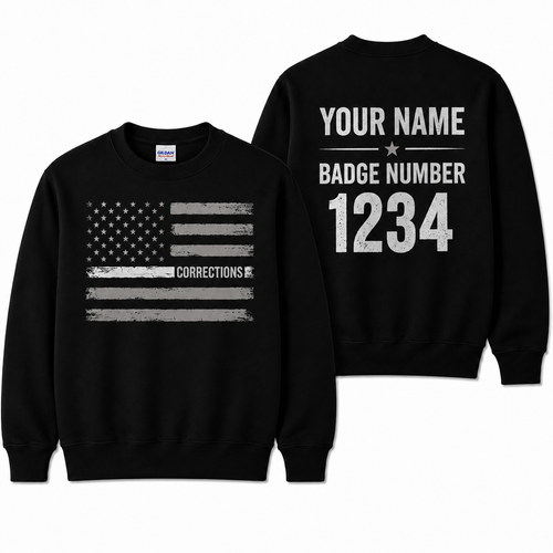 Custom Name Corrections Officer Thin Silver Line American Flag Sweatshirt