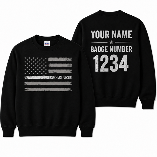 Custom Name Corrections Officer Thin Silver Line American Flag Sweatshirt
