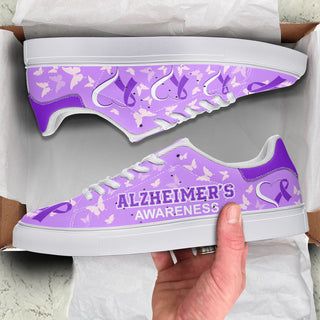 Alzheimer's Awareness Heart Ribbon Leather Sneaker Cancer Gift All Over Print Fashion Shoes Comfortable Daily Sneaker