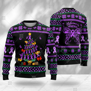 Alzheimer's Awareness Sweater Ribbon Ugly Christmas Tree Gift Box Sweater Christmas Knitted Print Sweatshirt - Best Gift For Noel