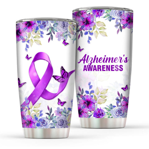 Alzheimer's Awareness Tumbler Ribbon With Flower Normal Tumbler 20oz Stainless Steel Tumbler Cup