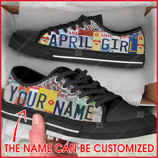 April Girl License Plates Low Top Shoes Canvas Shoes - Personalized Custom - Best Gift For Men And Women