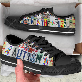 Autism Low Top Shoes Solve The Puzzle License Plates Canvas Shoes - Best Gift For Men And Women