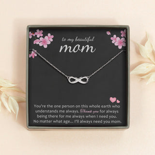 "To my beautiful Mom" Infinity Necklace, 925 Sterling Silver, Mother's Day Gift and Card Gift Set