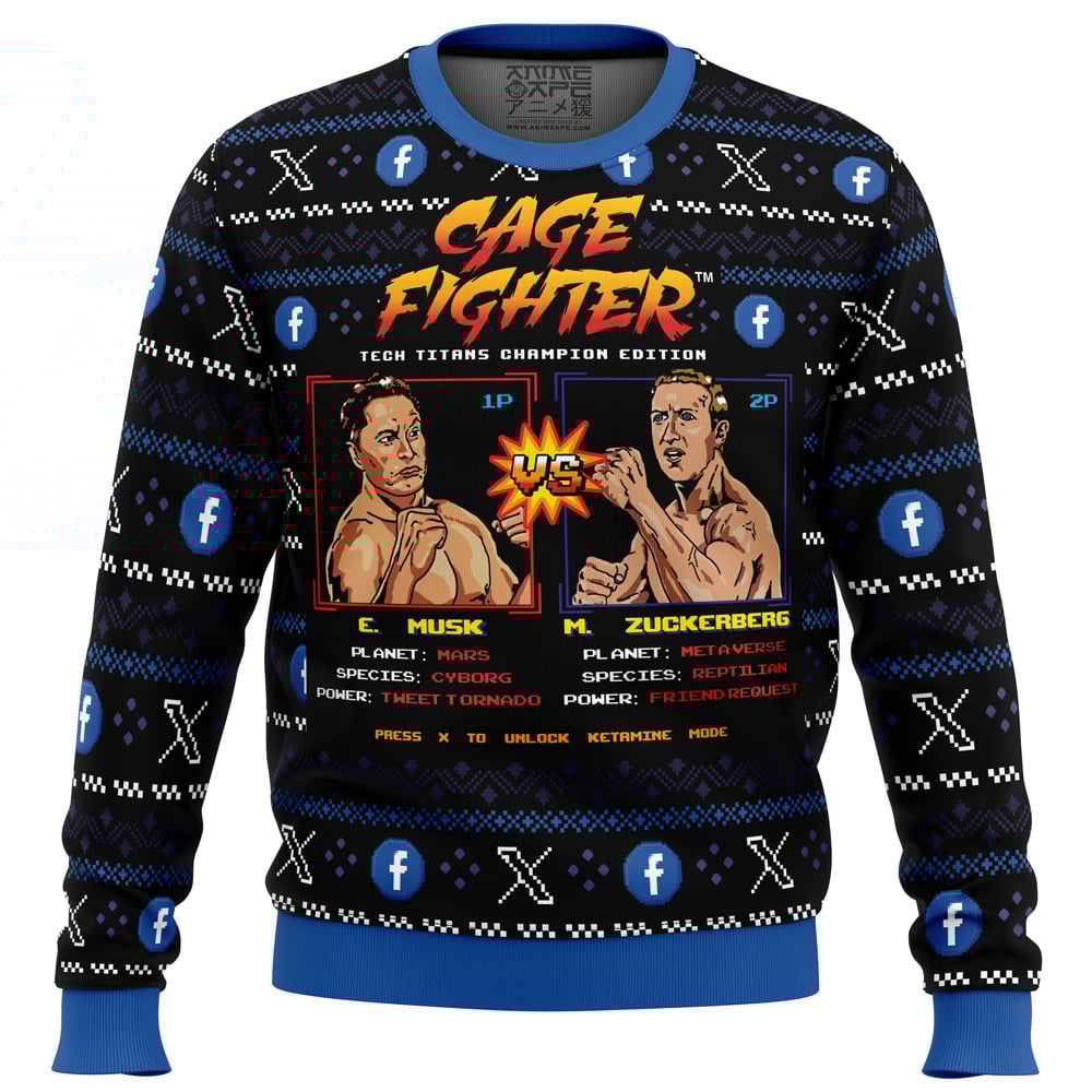 Cage Fighter Elun Mask vs.Mark Zuckerberg Funny Ugly Christmas Sweater