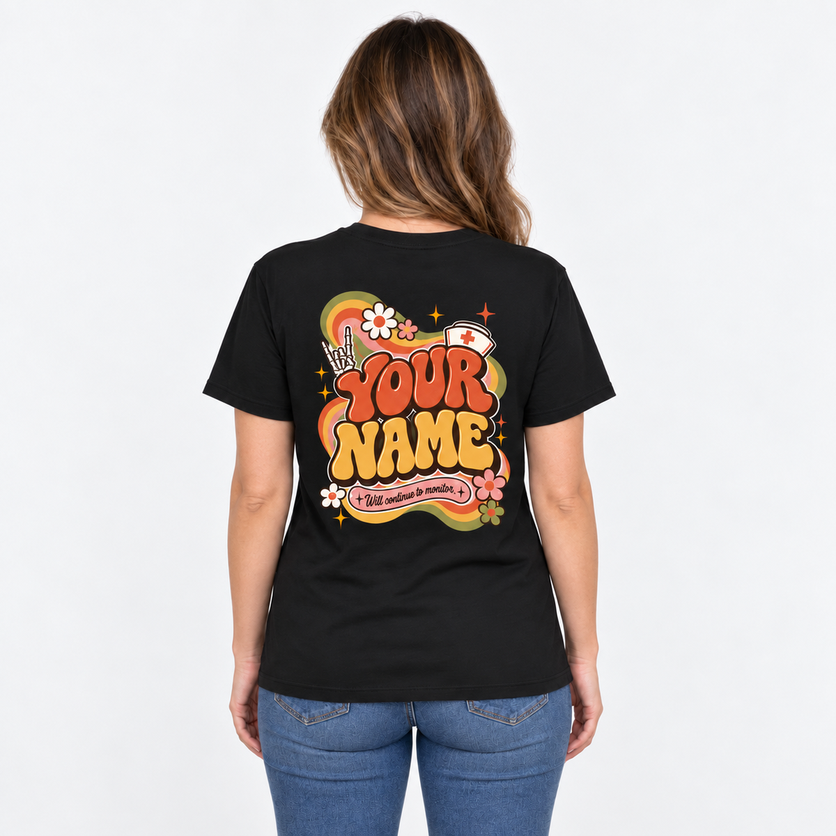 Personalised Nurse Shirt with Name Funny Skeleton Nurse Retro Graphic Tee