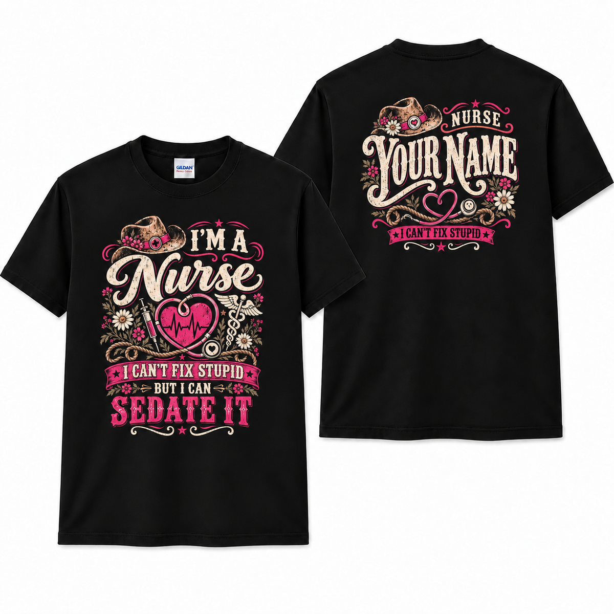 Funny Nurse T Shirt with Name Custom Cowgirl Hat Heart Stethoscope Graphic