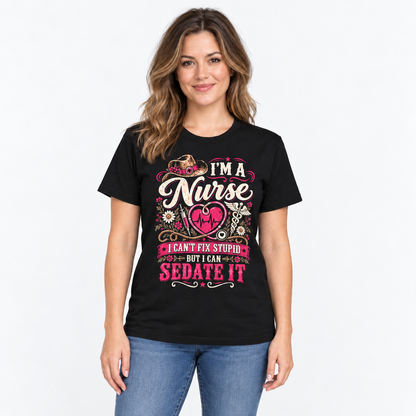 Funny Nurse T Shirt with Name Custom Cowgirl Hat Heart Stethoscope Graphic