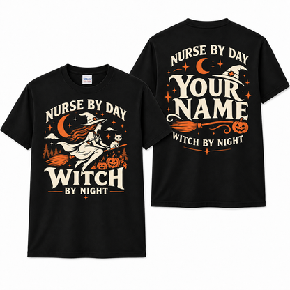 Nurse by Day Witch by Night Custom Name Shirt Halloween Nurse Broomstick T Shirt