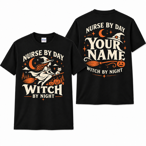 Nurse by Day Witch by Night Custom Name Shirt Halloween Nurse Broomstick T Shirt