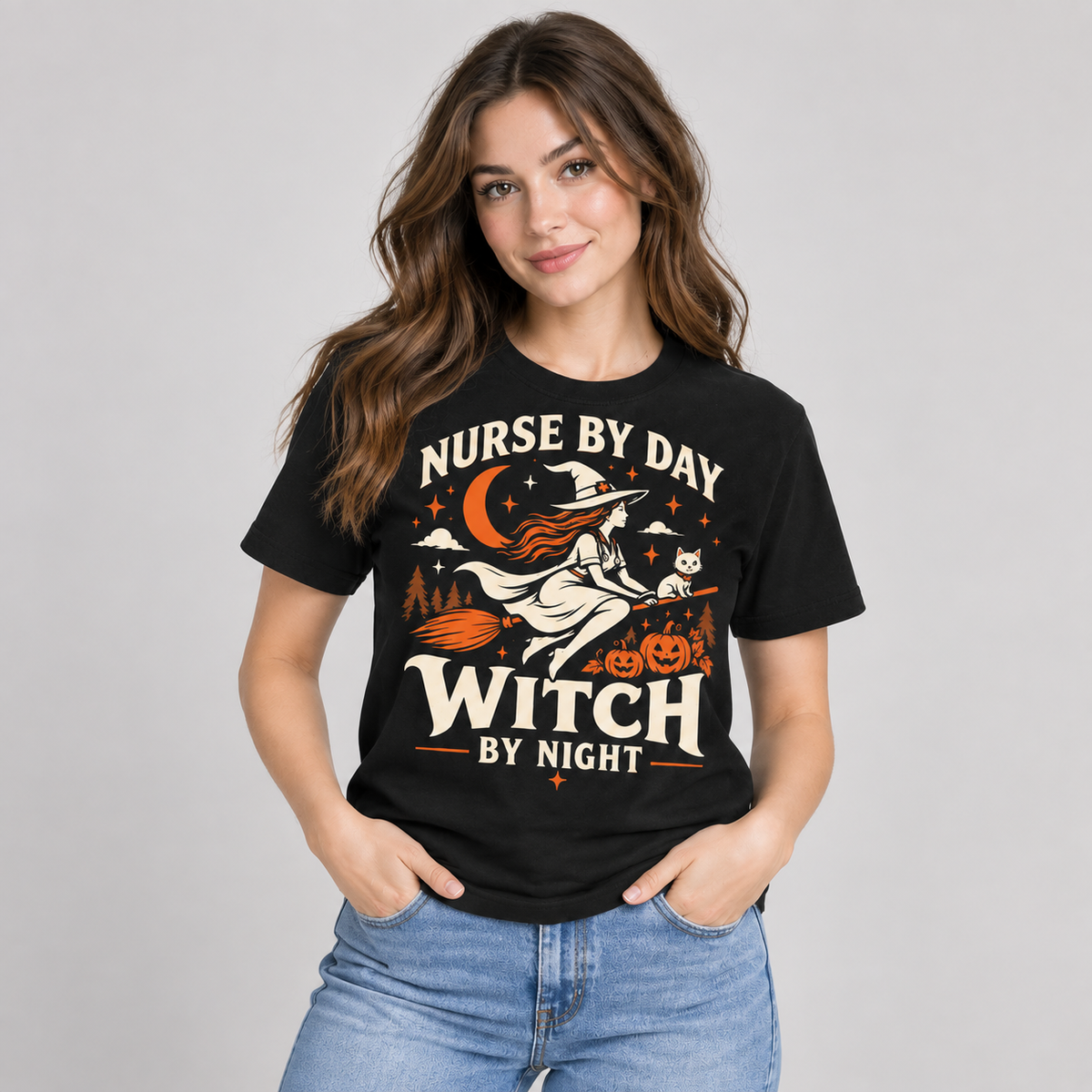 Nurse by Day Witch by Night Custom Name Shirt Halloween Nurse Broomstick T Shirt