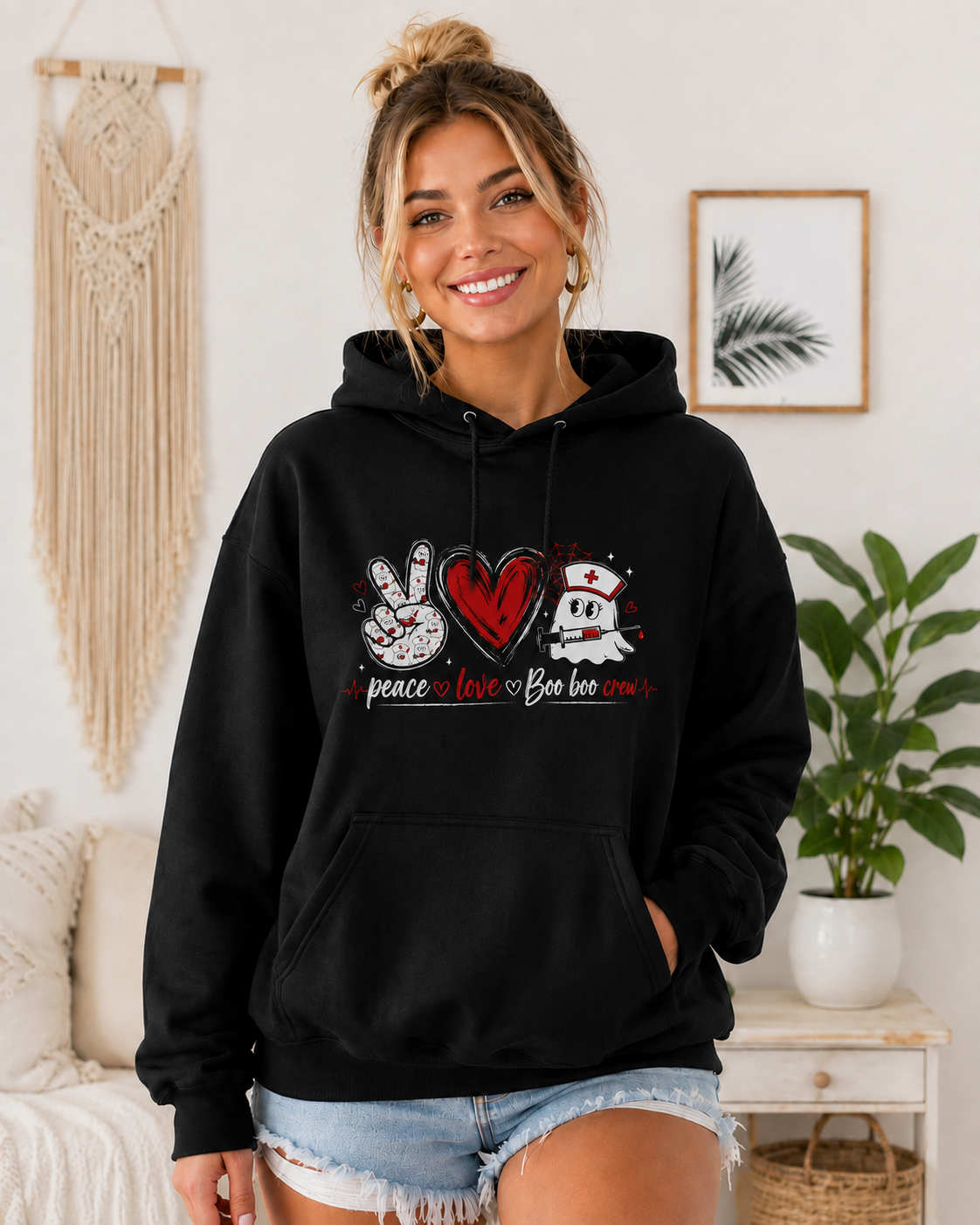 Peace Love Boo Boo Crew Nurse Halloween Hoodie with Custom Name
