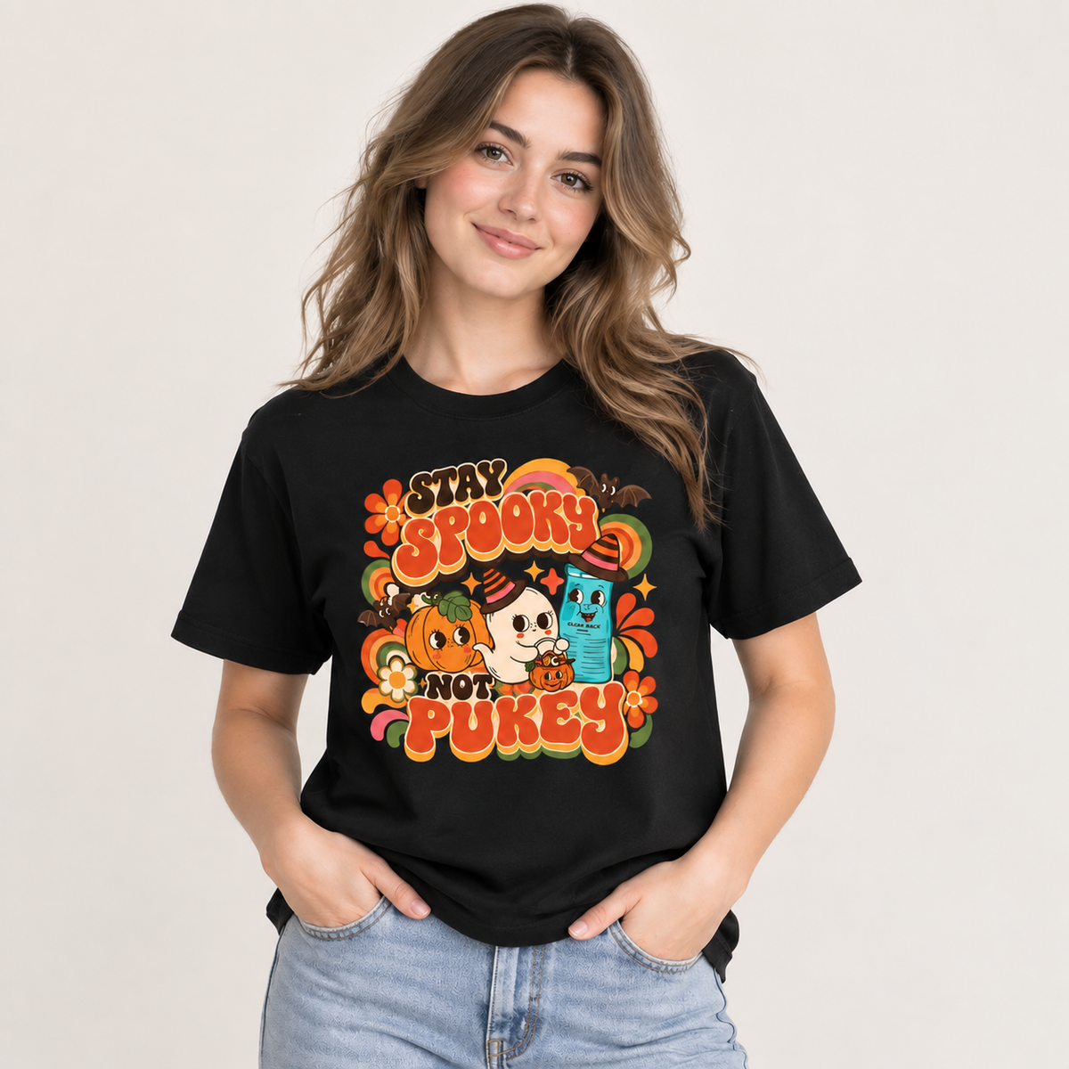 Stay Spooky Not Pukey Custom Name Shirt Vintage Retro Ghost Halloween T-Shirt