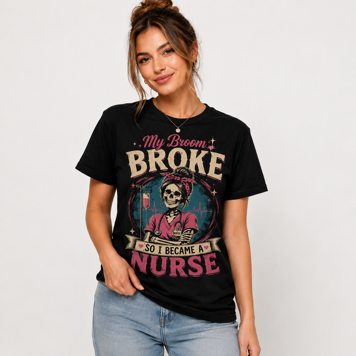 Skeleton Nurse Halloween Shirt My Broom Broke so I Became a Nurse Custom
