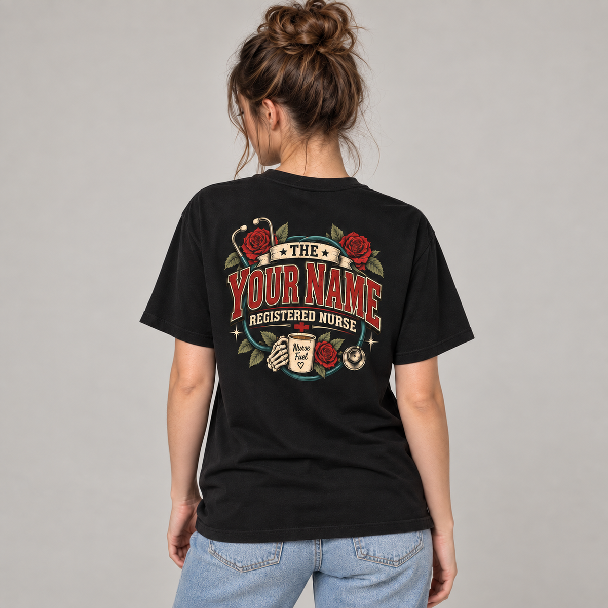 Registered Nurse Skeleton Coffee Rose Custom Name Medical Gift Unisex T-Shirt