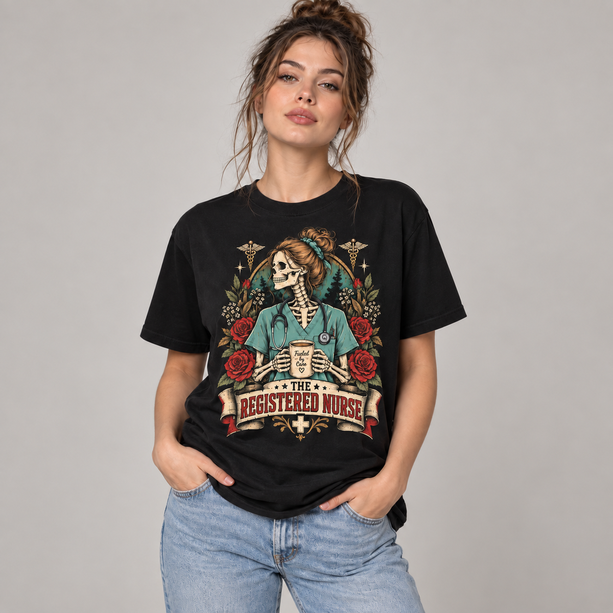 Registered Nurse Skeleton Coffee Rose Custom Name Medical Gift Unisex T-Shirt